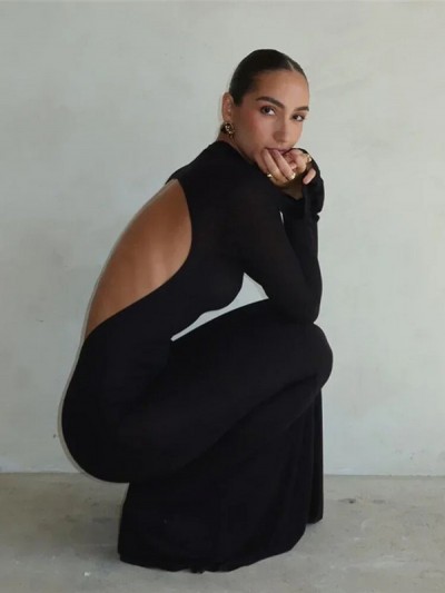 Gale Μακρύ Μαύρο Εφαρμοστό Φόρεμα με Ανοιχτή Πλάτη Gale Μακρύ Μαύρο Εφαρμοστό Φόρεμα με Ανοιχτή Πλάτη