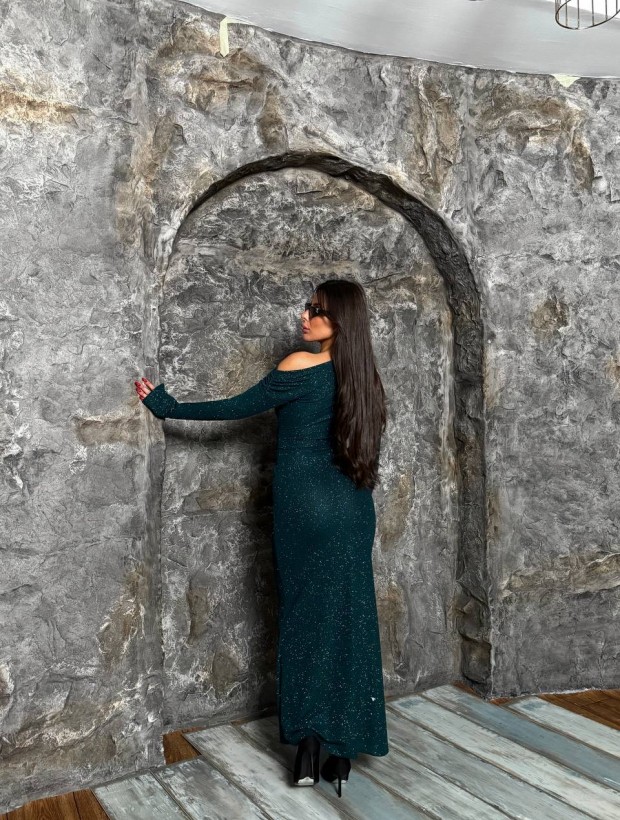 Elegance Πράσινο Μαξι Φόρεμα με Γκλιτερ