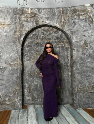 Elegance Μωβ Μαξι Φόρεμα με Γκλιτερ