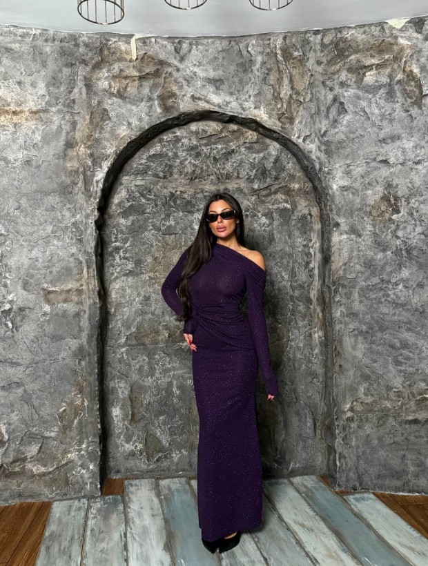 Elegance Μωβ Μαξι Φόρεμα με Γκλιτερ