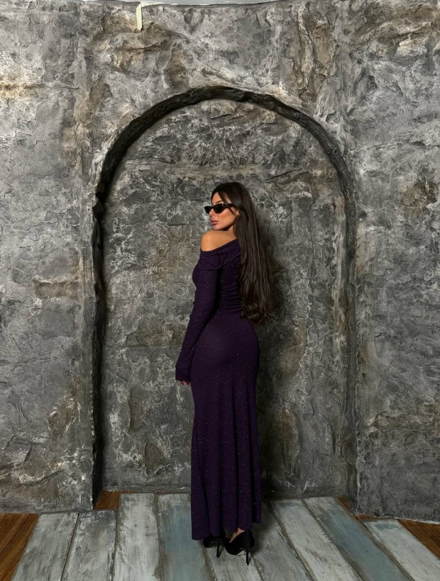 Elegance Μωβ Μαξι Φόρεμα με Γκλιτερ