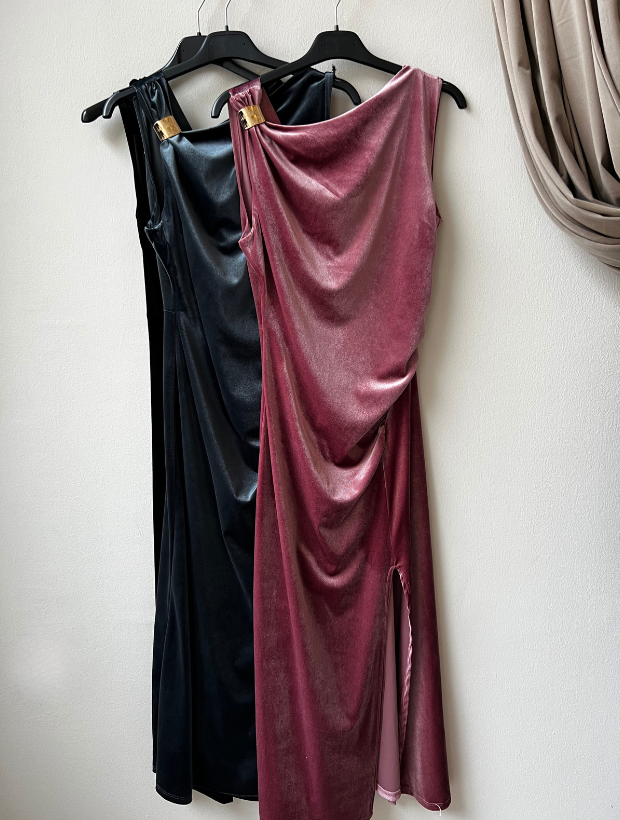 Francis Γκρι Βελούδινο Μίντι Φόρεμα με χρυσή λεπτομέρεια