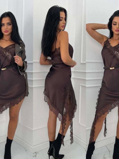 Viral Satin Φόρεμα Καφέ