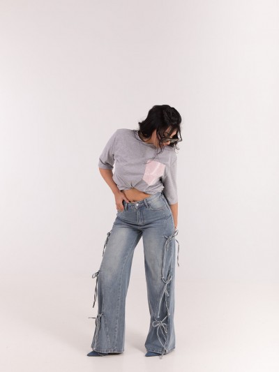 Γκρι T-shirt με Στρας Τσέπη