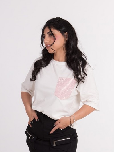 Λευκό T-shirt με Στρας Τσέπη
